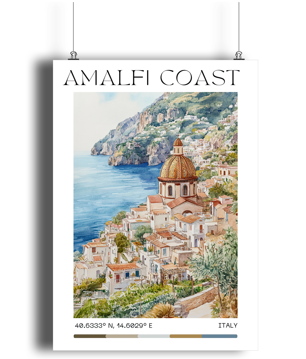 Amalfi Travel Print, Amalfi Coast Travel Poster, Italy Wall Art, Italy Travel Decor, Landscape Print, Travel Gift, Vintage Art - Peach and Pine